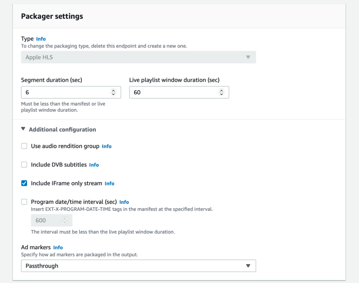 AWS MediaPackage settings